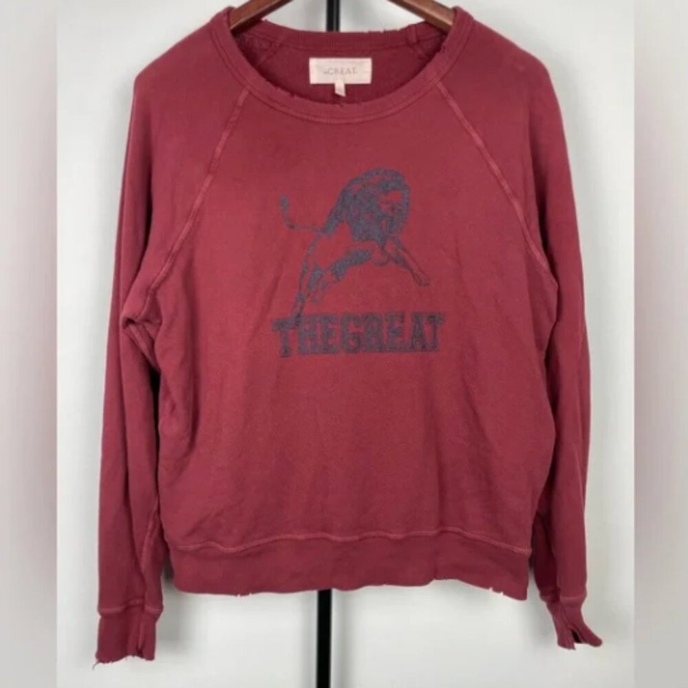 The Great. Red Distressed College Lion Graphic Pullover Sweatshirt